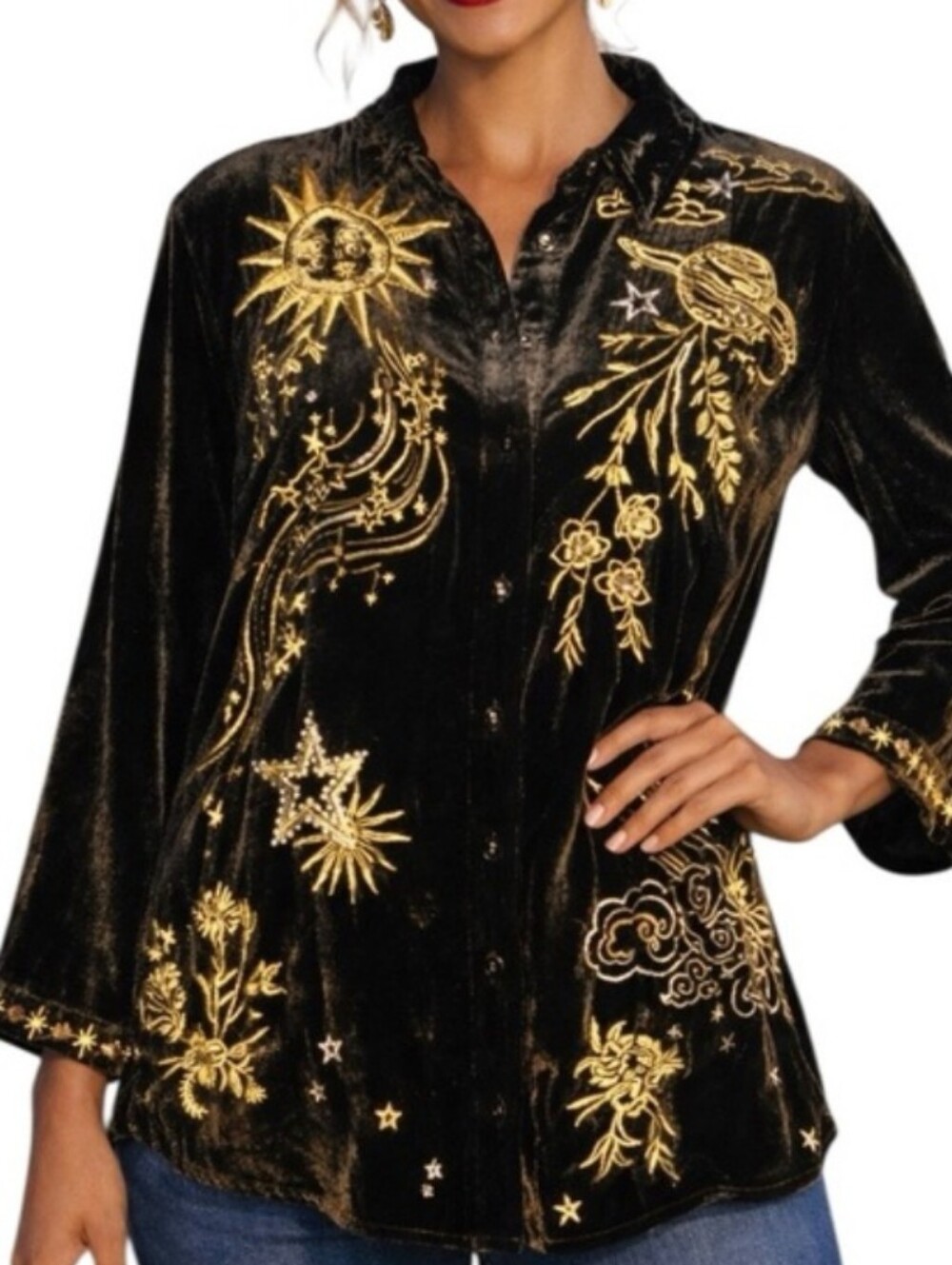 Johnny Was MIAORA ✨ Silk Black Velvet Button-Down with Gold Embroidery Size XS